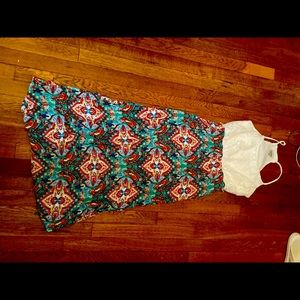 Elegant White Lace Maxi Dress with Vibrant Pattern